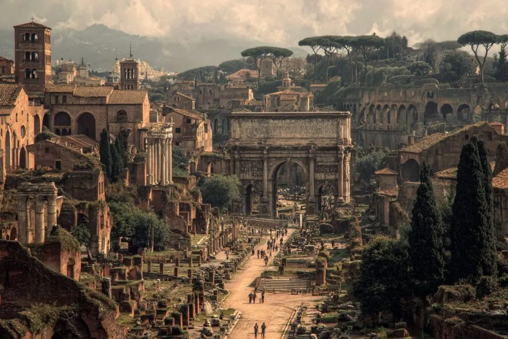Reconstruction view of early Rome rising above the drained Forum valley