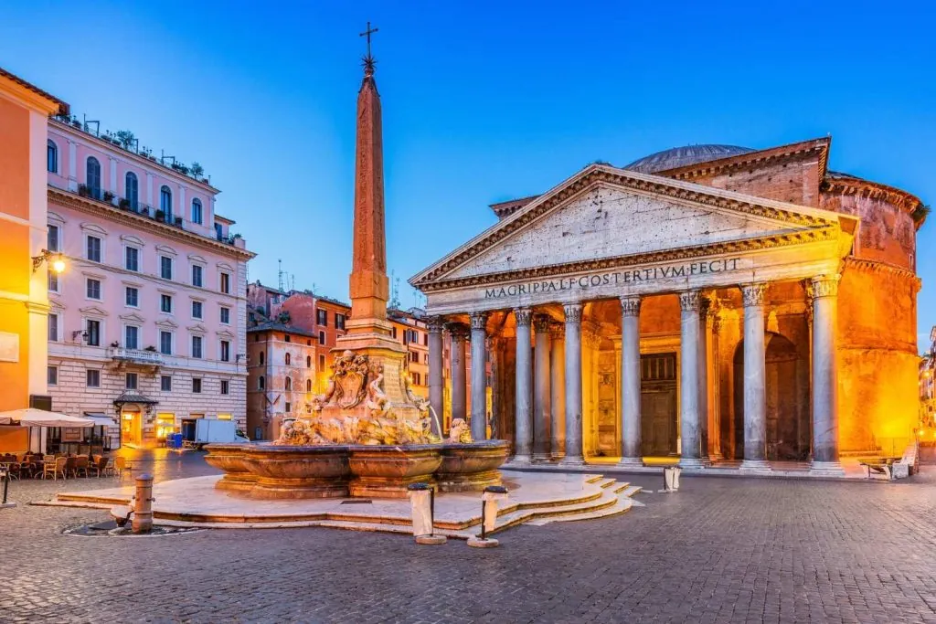 The Pantheon's floodlit facade — come back at night when the square empties