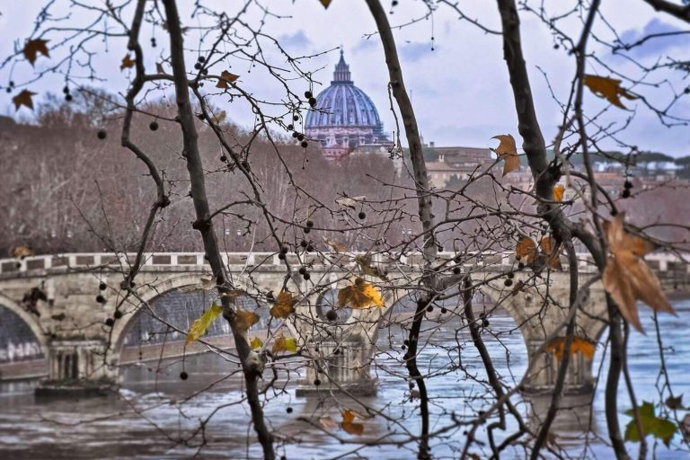 Udsigt over Castel Sant'Angelo i Rom om vinteren med løvfrie træer