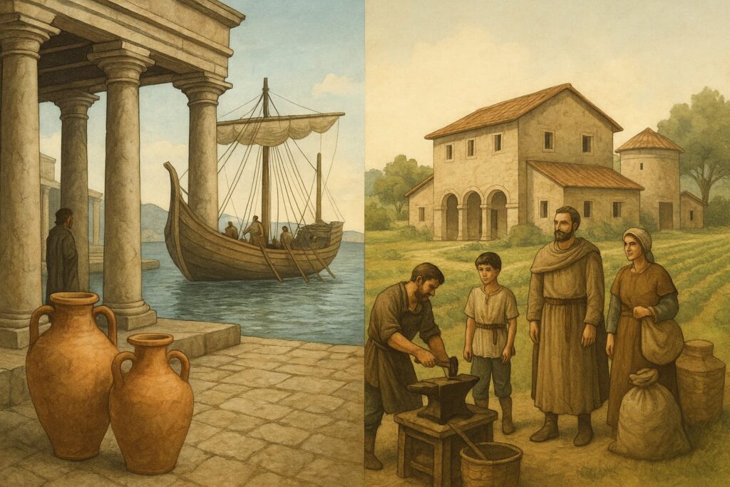 Roman harbor with ship; late-antique villa with lord and retinue.